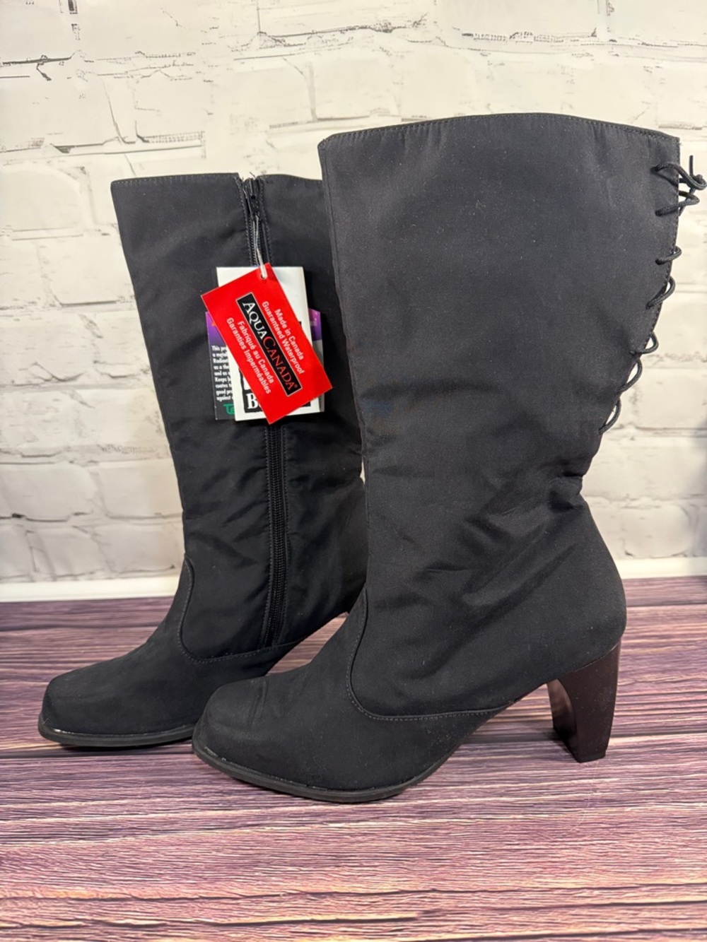 AquaCanada 9.5 Wide Waterproof Tall Boots 3" Heel Black Mid-Calf Heeled Boots